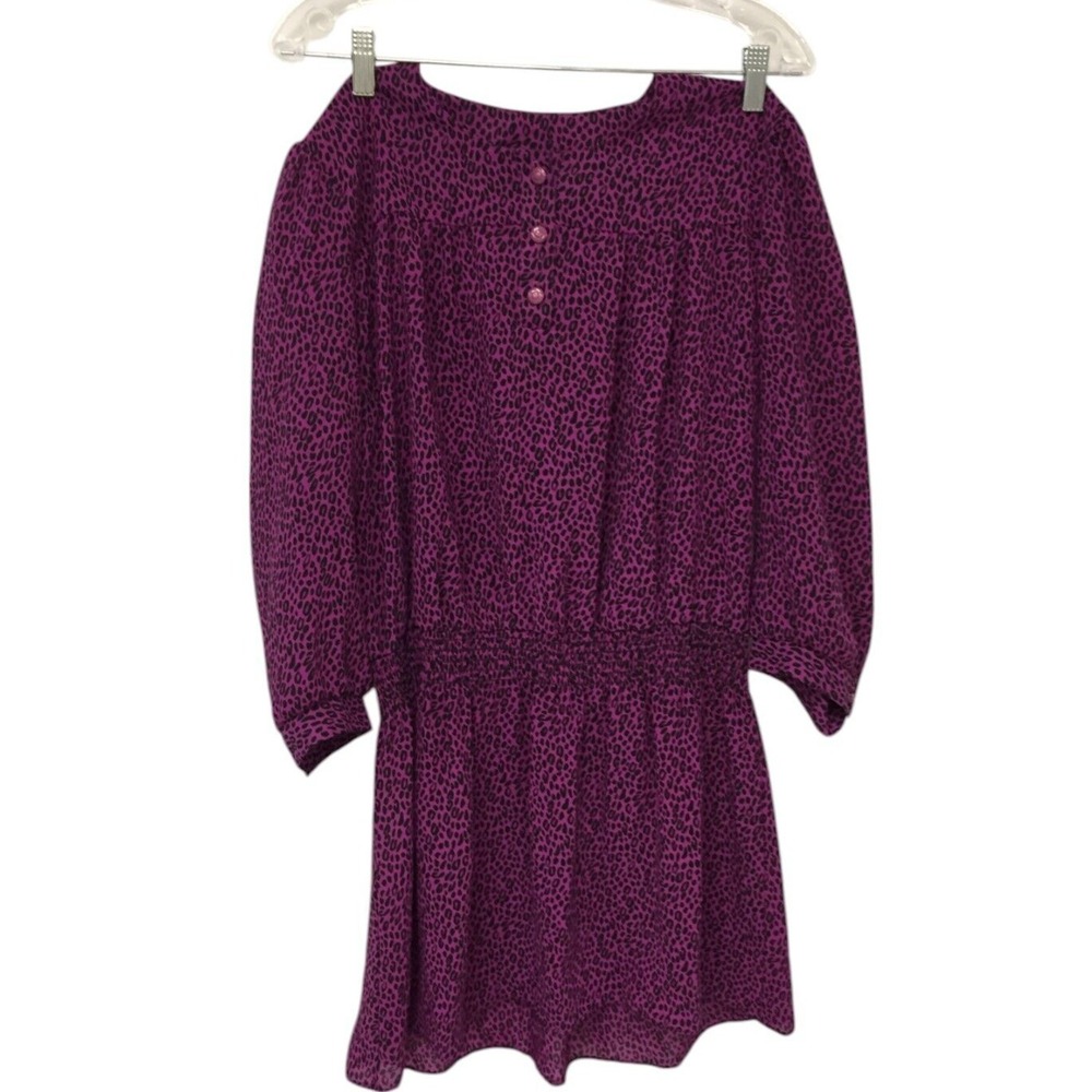 Vtg Lady Carol Blouson Dress Purple Womens Size Large Animal Print Long Sleeve